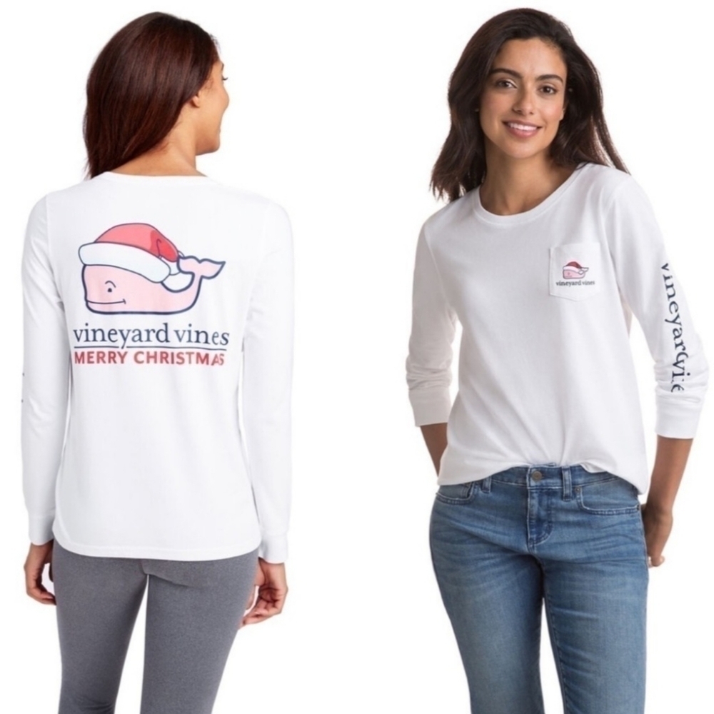 VINEYARD VINES CHRISTMAS Whale Women's Small S Long Sleeve Pocket Tee White EUC
